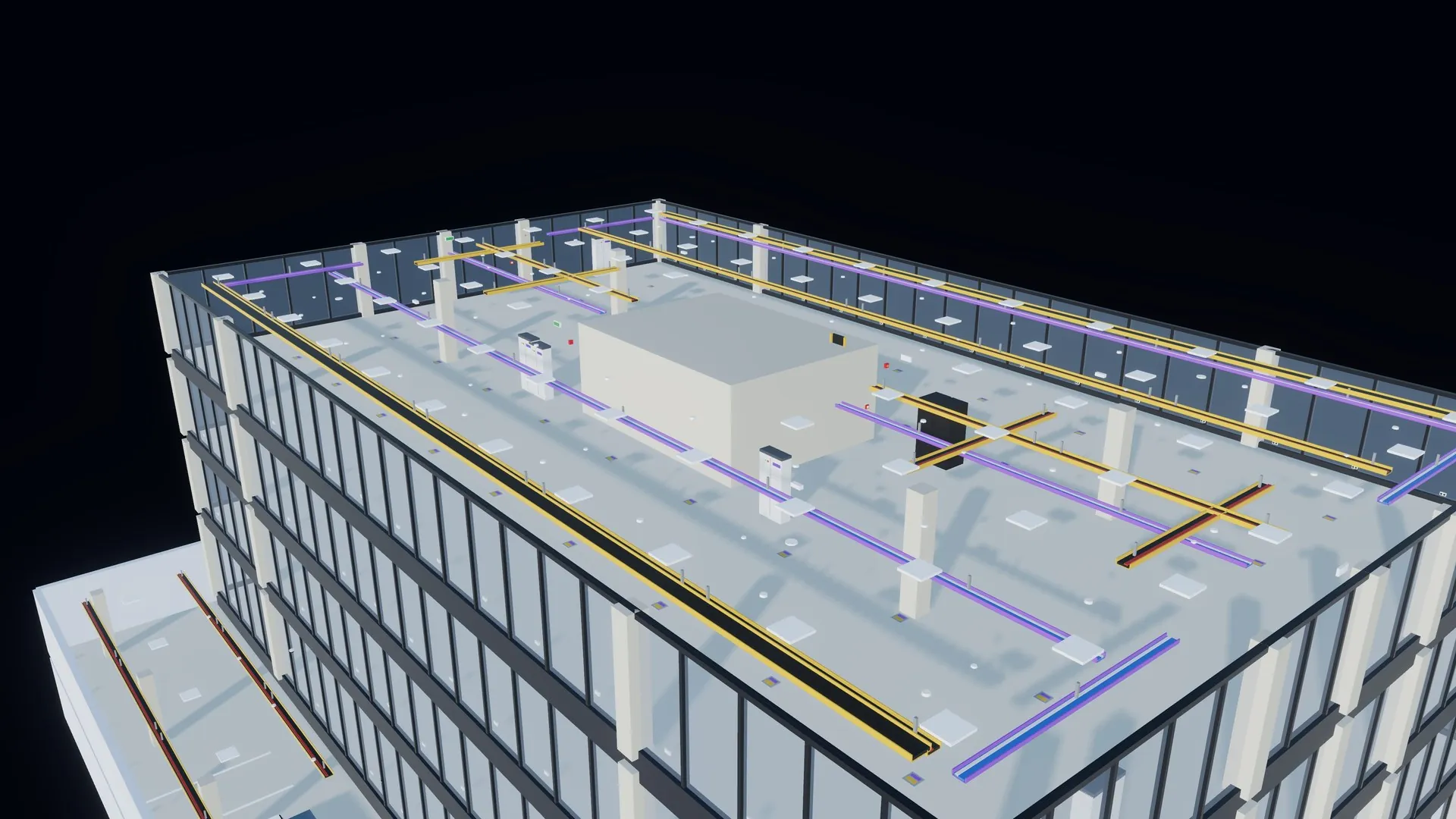 Étage de bureaux avec ses réseaux électriques dessinés en 3D
