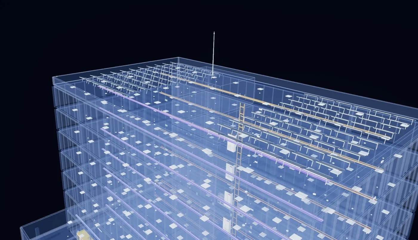 Maquette 3D des réseaux électriques d'un bâtiment, solaire en toiture