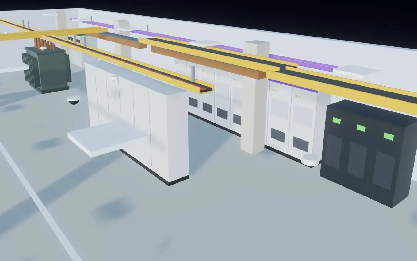 Maquette 3D d'un local électrique : transformateur, tableaux et armoires